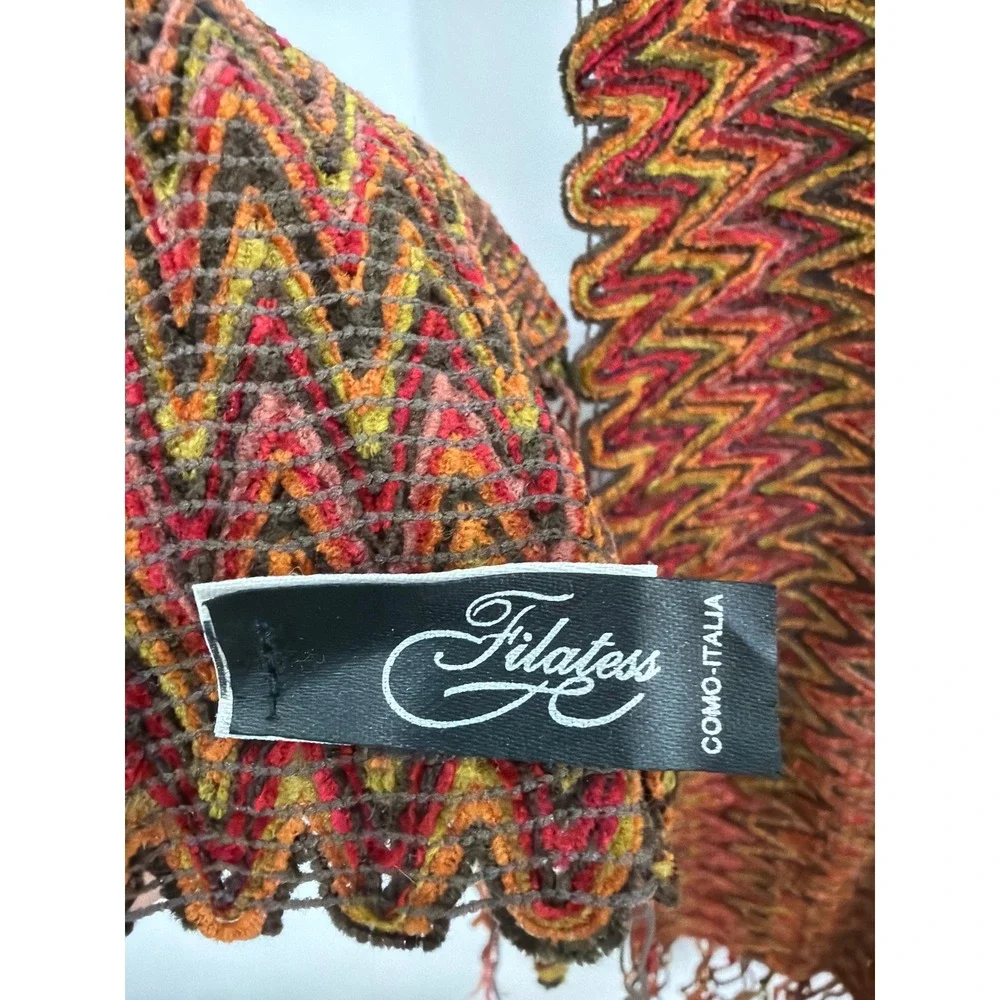 Filatess Como-Italia Scarf Red Orange Chevron Zig Zag Knit Fringe Made in Italy